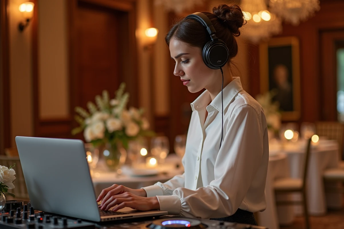 DJ femme en pleine sélection musicale au mariage