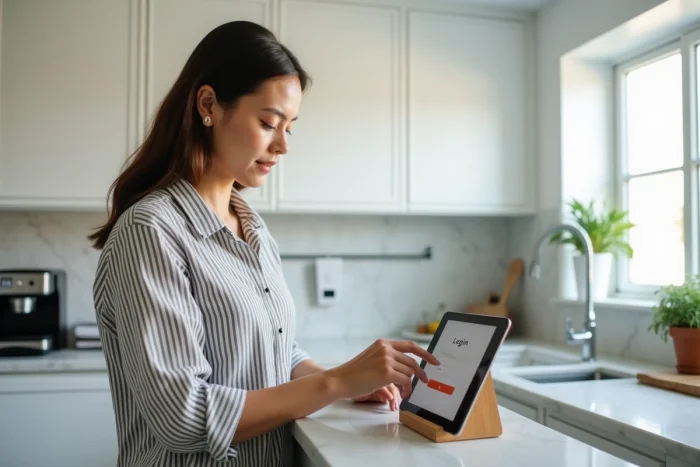 Jeune femme accédant à son compte Wannonce sur une tablette depuis une cuisine moderne