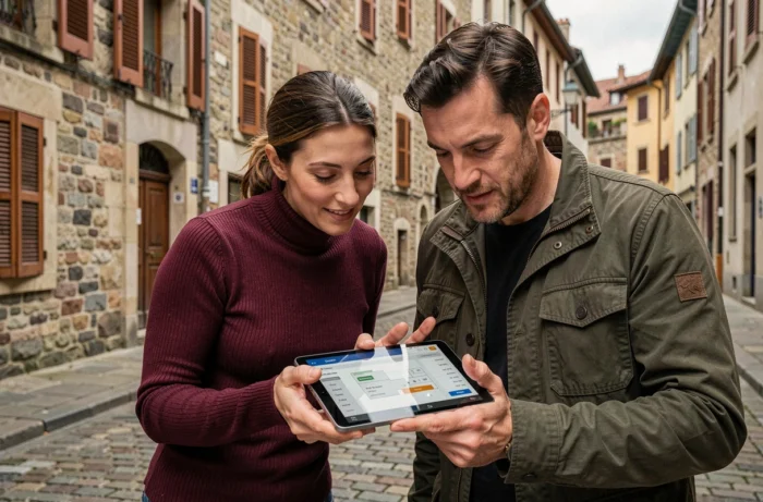 Couple d'acheteurs lyonnais analysant une estimation Terhexagone sur tablette dans le quartier de la Croix-Rousse à Lyon