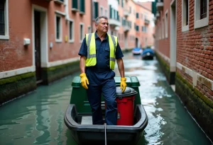 Agent de propreté à Venise sur un bateau de collecte