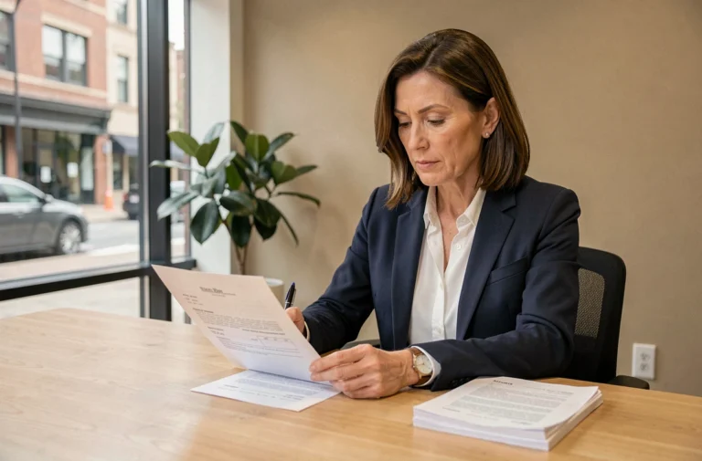 Femme agent immobilière examinant un contrat de location dans un bureau moderne