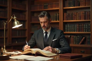 Avocat consultant un ouvrage juridique dans une bibliothèque du droit illustrant les sources coutumières en droit