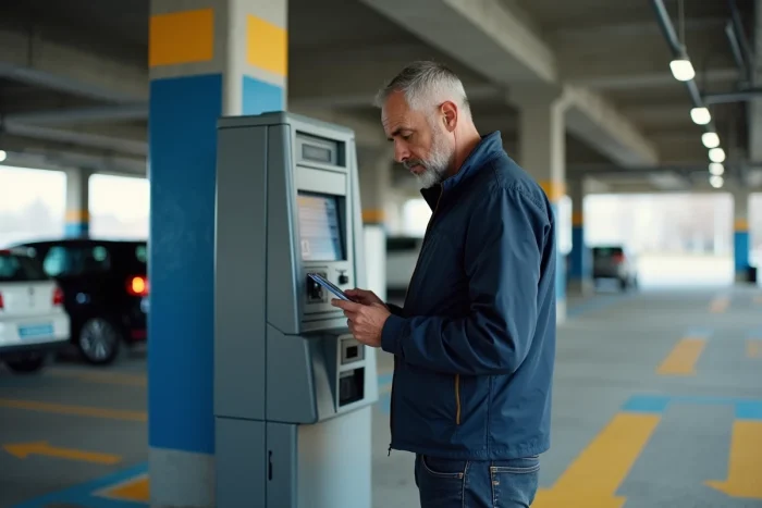 Un homme utilisant une borne de paiement dans le parking P2 du Stade de France