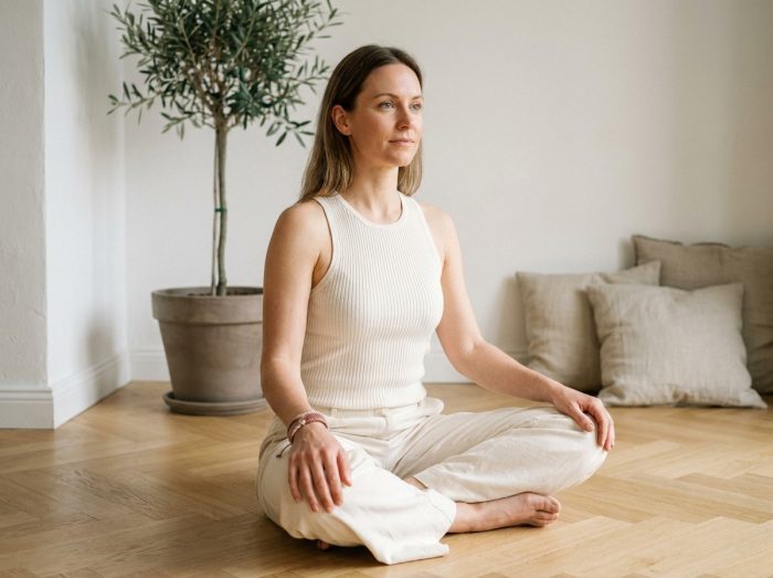 Femme assise en tenue crème minimaliste avec un bracelet cordon rose poudré dans un intérieur scandinave