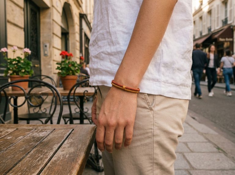 Femme portant un bracelet cordon tressé terracotta au poignet sur une tenue simple blanche dans un café parisien