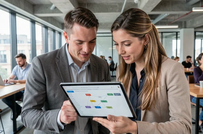 Deux collègues consultant ensemble la liste des pages d'un réseau professionnel sur une tablette dans un espace de coworking