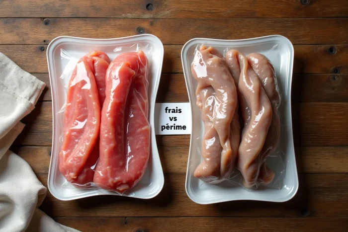 Comparaison côte à côte de lardons frais et de lardons périmés sur une table en bois rustique mettant en évidence les différences de couleur et de texture