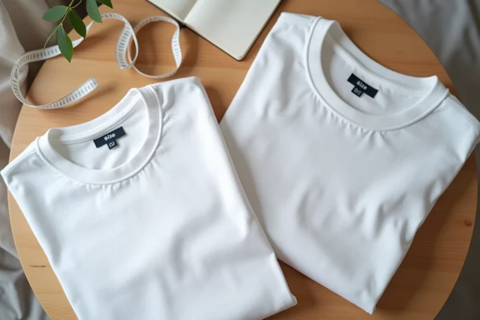 Vue de dessus de deux t-shirts taille M et L côte à côte avec un mètre ruban sur une table en bois