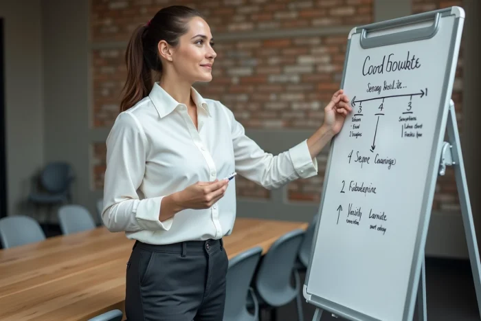 Femme présentant ses compétences militaires sur un tableau blanc lors d'un atelier de coaching de carrière pour valoriser son parcours militaire sur un CV