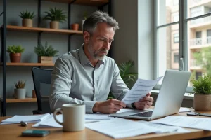 Comptable analysant la fiscalité d'un bien immobilier mixte dans un bureau moderne