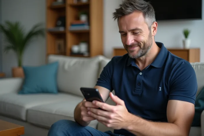Homme utilisant son smartphone pour se connecter à un compte sur une annonce en ligne depuis son salon