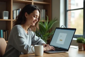 Femme connectée à son compte en ligne sur un ordinateur portable dans un bureau à domicile moderne