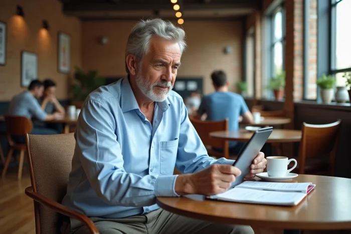 Consultant en business expérimenté analysant des données sur une tablette dans un espace de coworking pour accompagner la croissance d'entreprise