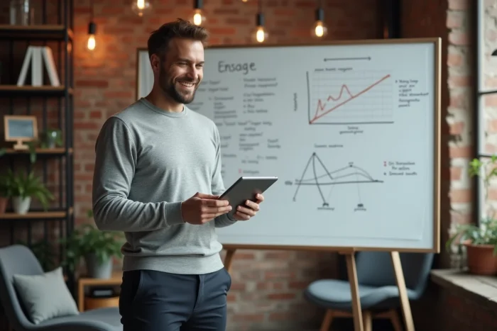 Consultant indépendant présentant une stratégie d'activité sur un tableau blanc dans un bureau moderne