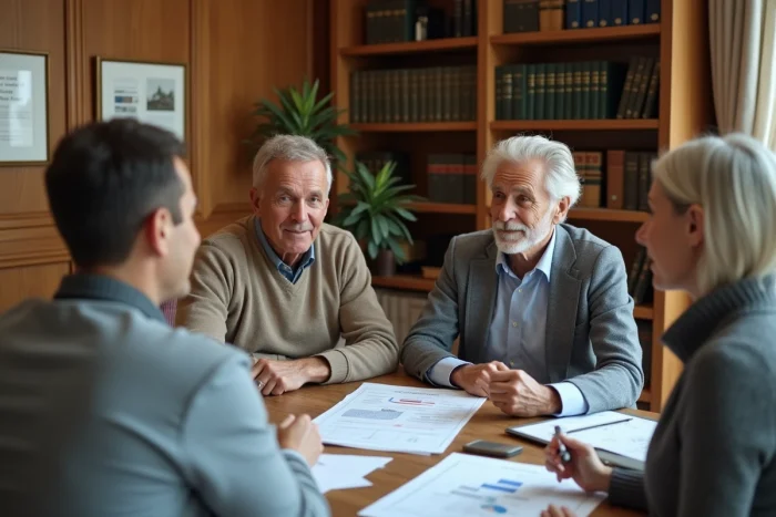Couple consultant un conseiller fiscal sur les avantages d'un bien immobilier mixte
