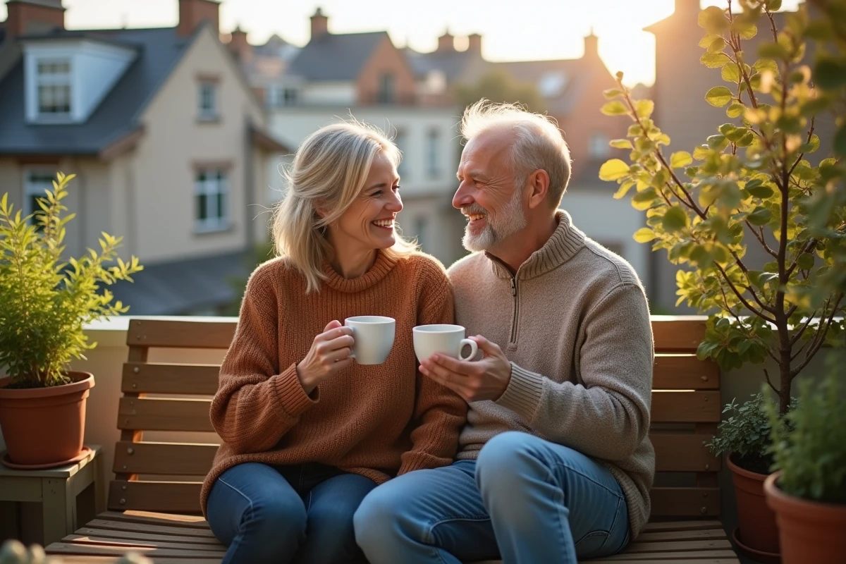 Couple souriant sur un balcon ensoleille avec plantes