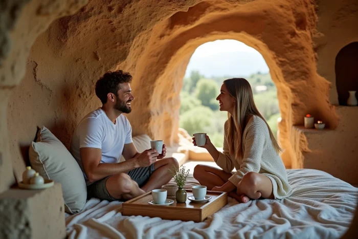 Couple prenant le petit-déjeuner dans une chambre troglodyte insolite du Var pour un week-end romantique secret en PACA