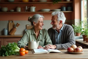 Couple de seniors souriant ensemble dans une cuisine chaleureuse en partageant un livre de recettes, illustration d'une vie de famille épanouie