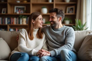 Couple souriant assis sur un canapé cosy dans un salon chaleureux
