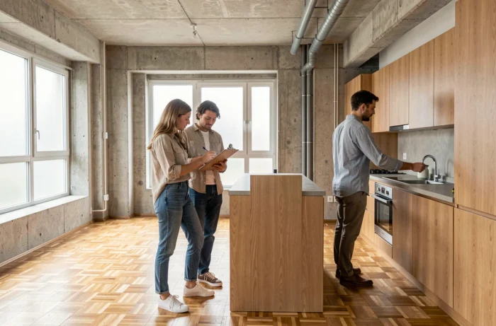 Jeune couple visitant un appartement vide avec un agent immobilier lors d'une visite locative
