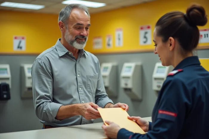 Homme déposant une enveloppe administrative contenant le formulaire Cerfa H1 à la poste