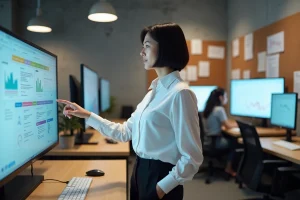 Designer créative dans un studio moderne entourée d'écrans affichant des interfaces numériques et des tableaux de bord de données