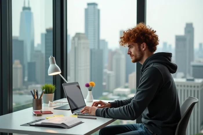 Développeur créatif travaillant sur une tablette graphique dans un bureau à domicile avec vue sur la ville