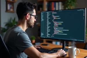 Développeur Linux consultant un fichier sitemap XML dans un terminal sur son bureau à domicile