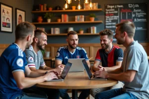 Groupe de jeunes et adultes discutant match de Ligue 2 dans un café