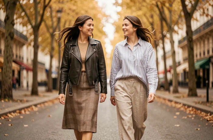 Deux femmes marchant dans une avenue parisienne en automne arborant des tenues tendance contrastées et contemporaines