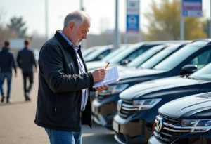 Homme d'âge moyen étudie des voitures lors d'une vente aux enchères