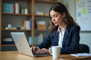 Enseignante connectée à un portail éducatif sur son ordinateur portable dans une salle des professeurs