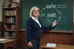 Enseignante devant un tableau noir avec les homonymes 'salle' et 'sale' écrits à la craie pour illustrer leurs différences orthographiques