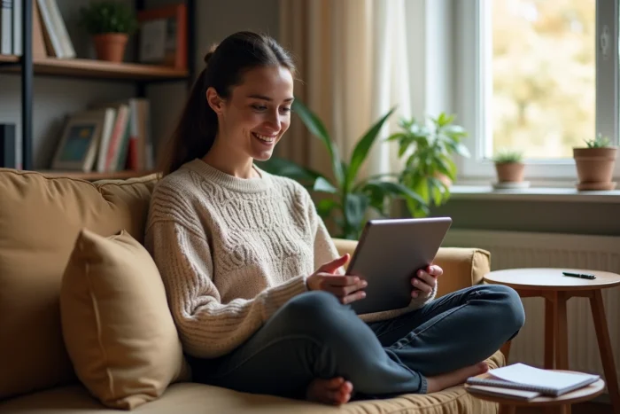 Enseignante consultant IProf sur une tablette depuis son bureau à domicile