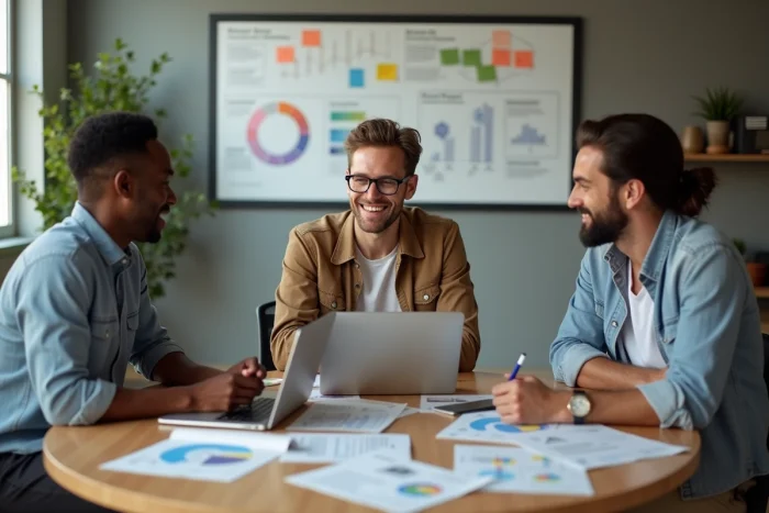 Équipe de professionnels en session de brainstorming numérique autour d'une table dans un espace de coworking moderne