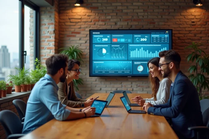 Équipe de collègues discutant des dernières tendances numériques et high-tech autour d'une table dans un espace de coworking