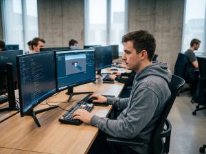 Étudiant en développement de jeux vidéo travaillant sur un projet de code dans un laboratoire informatique moderne