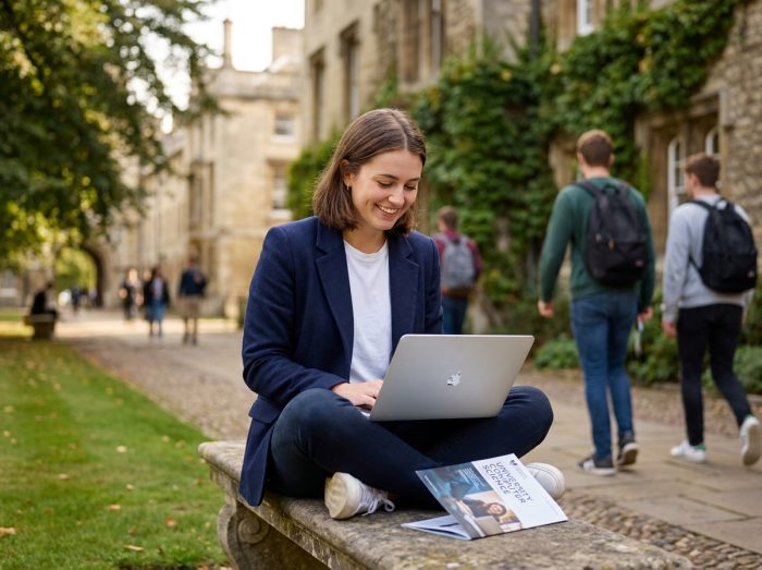 Étudiante comparant les options de formation en informatique classique sur un campus universitaire européen