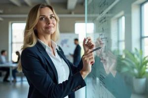 Femme d'affaires experte présentant une stratégie de croissance d'entreprise sur un tableau blanc dans un bureau moderne
