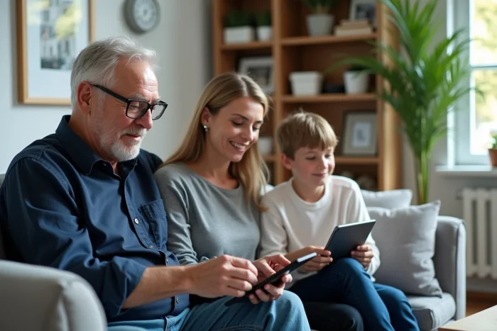Famille multigénérationnelle réunie dans un salon moderne, grands-parents et petits-enfants partageant un moment complice