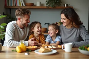 Famille souriante partageant un petit déjeuner convivial