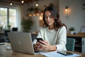 Jeune femme consultant les dernières actualités high-tech sur un ordinateur portable et un smartphone dans un bureau moderne
