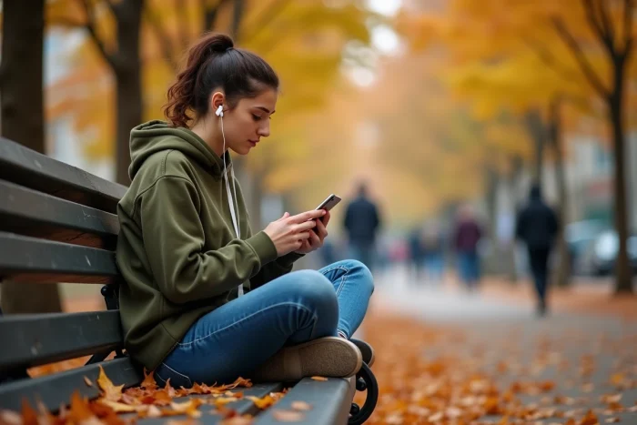Jeune femme consultant les actualités sur son smartphone dans un parc en automne