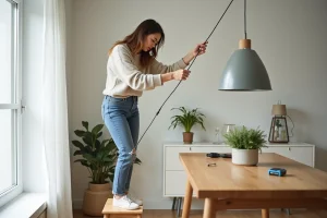 Femme ajuste une lampe suspendue au plafond dans une salle à manger moderne