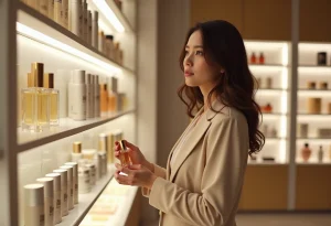 Femme élégante dans une boutique de parfums et soins