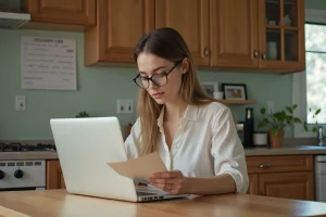 Jeune femme au bureau cuisine vérifiant son laptop