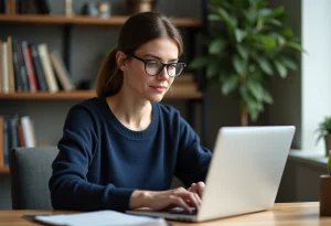 Femme concentrée travaillant sur son ordinateur dans un bureau cosy