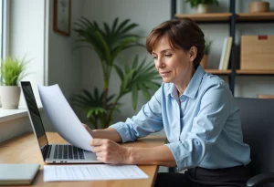 Femme au bureau regardant son ordinateur portable