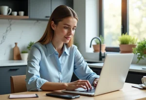 Femme au bureau à la maison utilisant un ordinateur portable