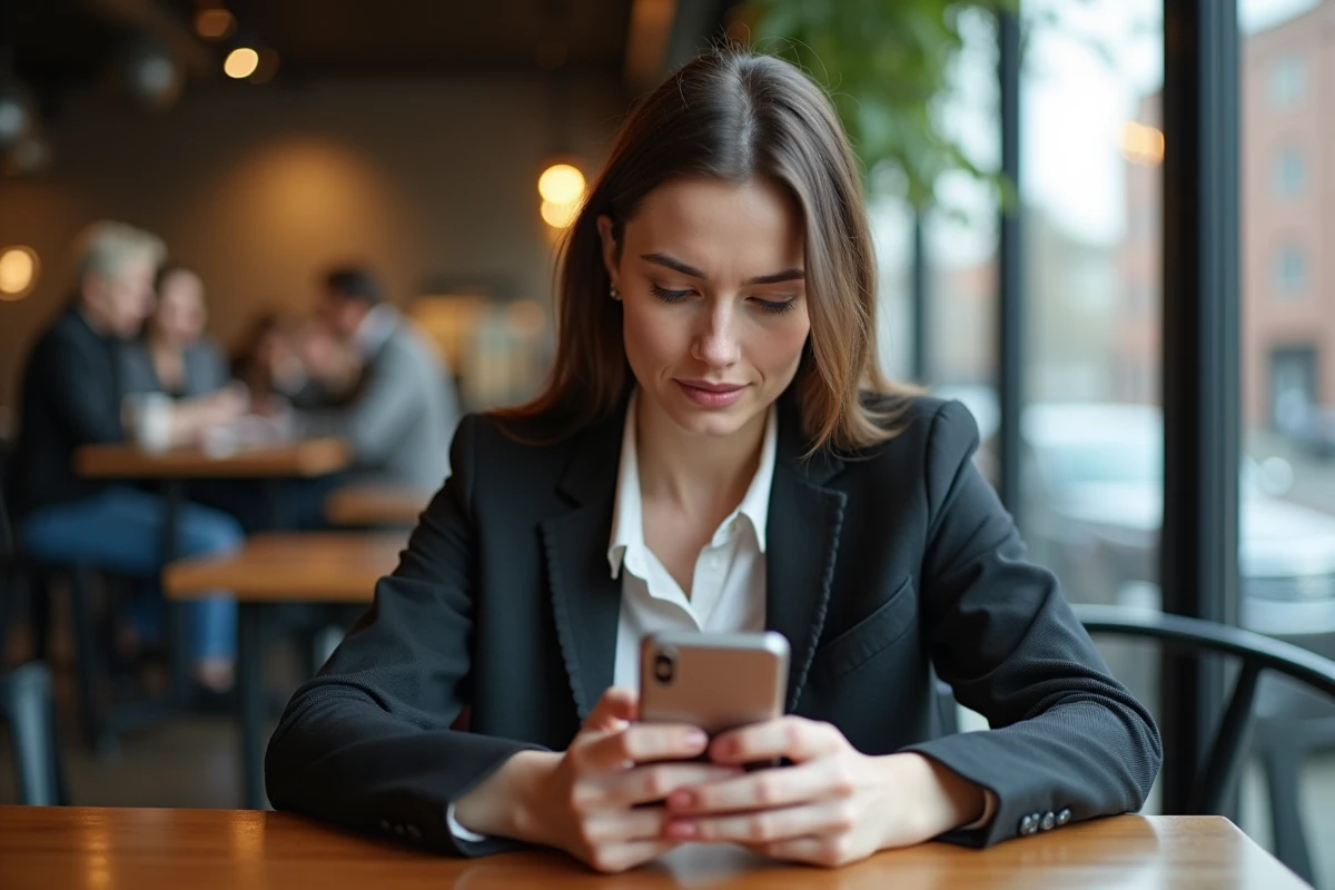 Femme utilisant son smartphone dans un café animé